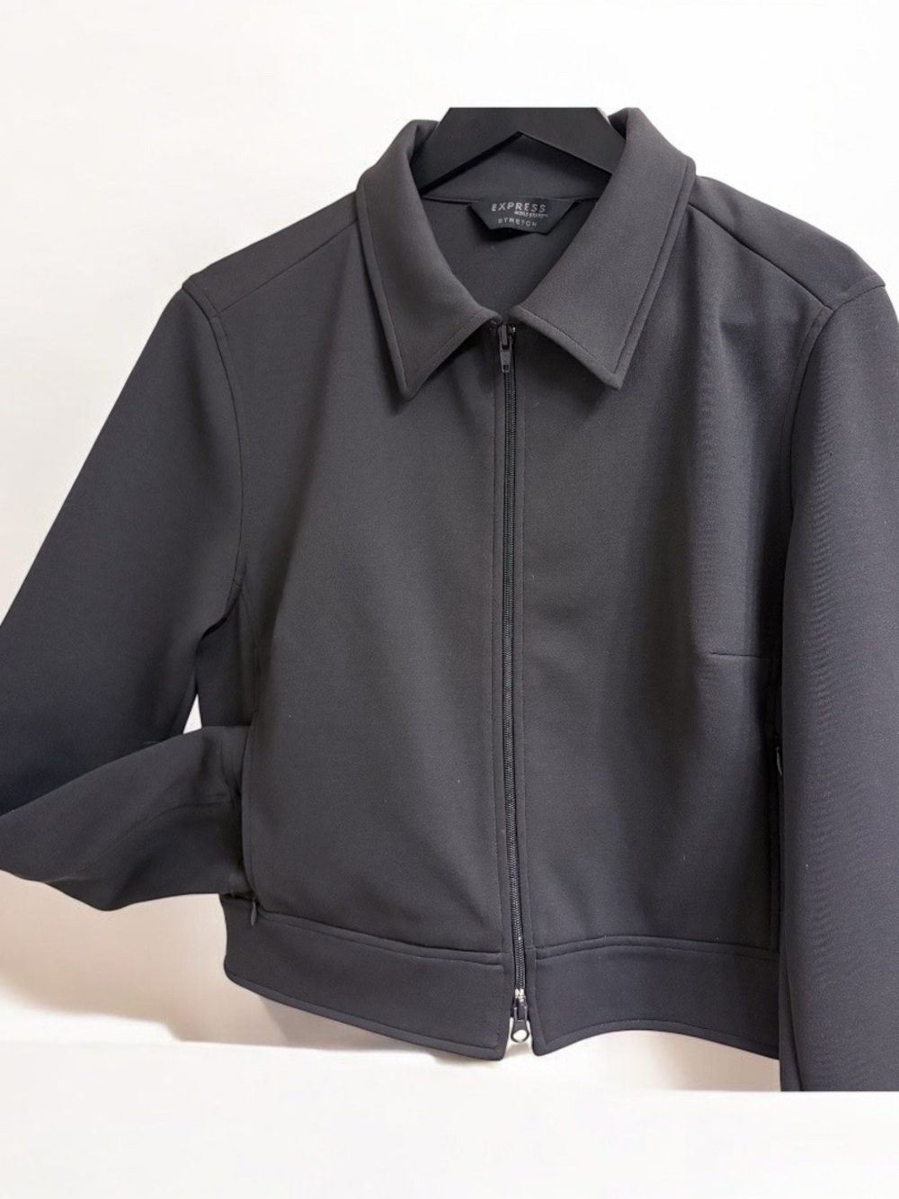 Express Black Stretch Full Zip Bomber Jacket Collared Coat - Size 14